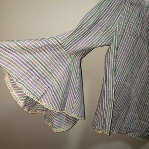 Luna Moon Boho Elastic Halter Bell Sleeves Crochet Trim Pastel Pinstripe Medium